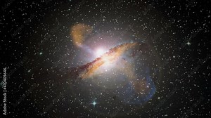 Light jet gas explosion from galaxy in outer space, cosmic dust and infinite universe stars flying spectacular animation. Based on image furnished by Nasa