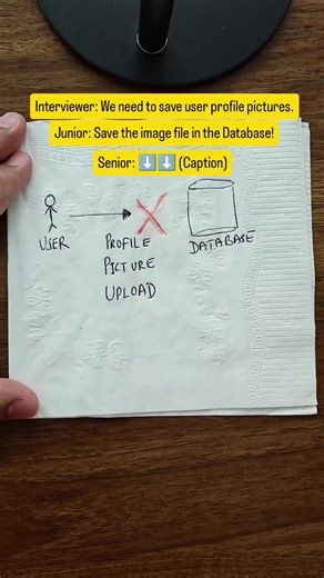 🛑 Your database is for data, not for JPEGs. Stop storing binary files in your SQL tables. ❌ What the Junior Misses: The Junior converts the image into a Base64 string or uses a BLOB (Binary Large Object) type and stuffs it directly into a table row. 1️⃣ The Failure: Databases are optimized for structured data, not heavy files. 2️⃣ The Cost: Your database backups become massive (taking hours instead of minutes), RAM is wasted caching images instead of queries, and you pay