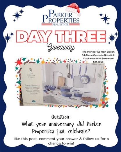 DAY THREE! 🎄 We’re keeping the holiday fun going with another amazing giveaway! Today’s prize is The Pioneer Woman Sutton 34-Piece Ceramic Nonstick Cookware & Bakeware Set in the beautiful blue finish — perfect for holiday cooking and cozy winter meals. 🍳✨ To enter today’s giveaway, all you have to do is: ✨Like this post Comment your answer to today’s question: ❄️What year anniversary did Parker Properties just celebrate? ❄️ ✨Make sure you’re following Parker Properties on instagram and Facebo