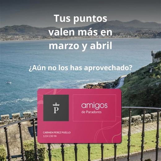 ¡Saca el máximo partido a tus puntos de Amigo de Paradores! Aprovecha marzo y abril para disfrutar de ofertas exclusivas con tus puntos👌, además de un 5% de descuento extra en tus reservas. ¿Aún no eres #AmigodeParadores? No te preocupes que te puedes apuntar aquí 😉👉 https://paradores.es/es/programa-amigos | Paradores