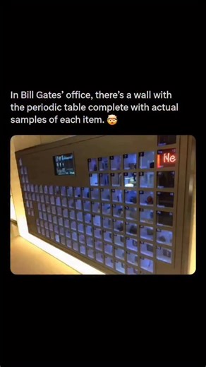 Space | Science | Astronomy | Technology on Instagram: "Among the unique artifacts in Bill Gates’ home office is a massive periodic table, which features actual, safely stored samples of nearly every element. This one-of-a-kind display is more than just a piece of art; it is a tangible representation of the fundamental building blocks of the universe. The structure showcases the elements from hydrogen to ununoctium, highlighting the enduring nature of basic science. It is a striking centerpiece 
