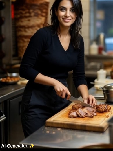 Slicing up the perfect shawarma! 🔥🍖 Curvy vibes in the kitchen – Who wants a bite? 😏 AI-Generated virtual model 🇩🇪 #arab #Viral #AIGenera #AICurvy #Shawarma