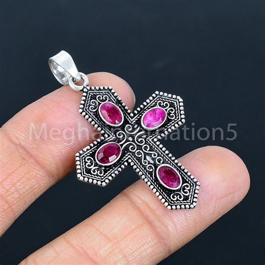 Deep Pink Ruby Gemstone, 925 Silver Charm Cross Pendant, Handmade Vintage Design - Etsy