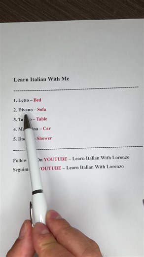 Impara l’inglese con me Learn Italian with me 1. Letto - Bed 2. Divano - Sofa 3. Tavolo - Table 4. Macchina - Car 5. Doccia - Shower . . . #explore #language #english #italian #tutorial