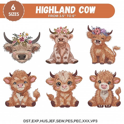 Highland Cow Machine Embroidery Design, Floral Farm Animal, Baby Highland Heifer Cow, Highland Longhaired Cow 6 Sizes, Instant Download - Etsy