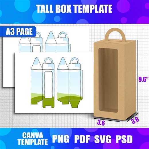 9.6" Tall Box Template, Gift & Treat Box With Handle SVG, Tall Gable Window Box, Party Favor Packaging Template, Canva Editable Digital File - Etsy