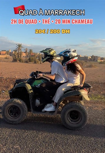 Découvrez Marrakech autrement avec notre excursion en quad et chameau ! 🌴 🏜️ Deux heures d’aventure en quad : Parcourez les paysages époustouflants des environs de Marrakech, entre désert et palmeraies. 🐪 20 minutes de balade à dos de chameau : Vivez une expérience unique en traversant les dunes comme un véritable nomade. ☕ Pause thé traditionnelle : Profitez d’un moment de détente autour d’un thé marocain authentique. 📸 Moments photo : Capturez vos souvenirs avec des pauses photo dans des e