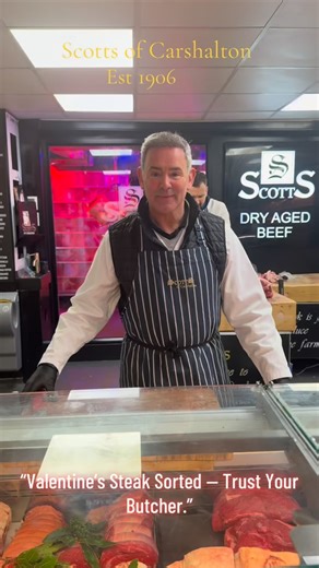 🥩 What steak should YOU be buying? I’m Alan — your local butcher — and today I’m showing you exactly what to look for when choosing the perfect steak. At Scotts Butchers of Carshalton we specialise in premium Scotch dry-aged beef, prepared the traditional way — and we’ve been doing it since 1906. From ribeye to sirloin, let me help you pick the right cut for your plate 🔥 Pop in and see us — quality like this speaks for itself. #valentines #butchershop #butchersofinstagram #steak #scotchbeef | 