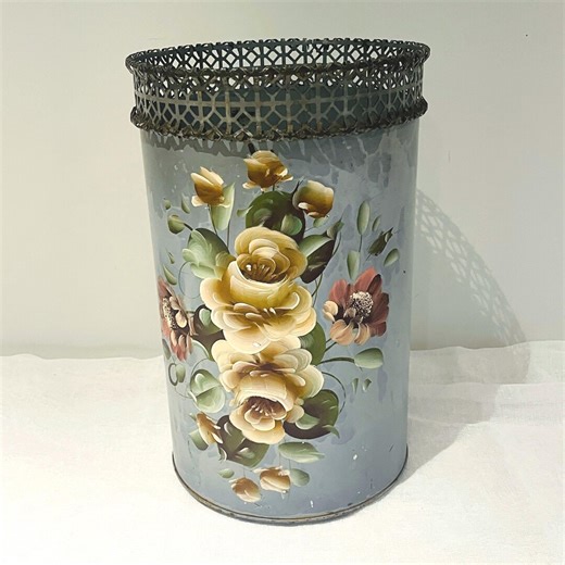 Vintage Toleware Blue Waste Basket With Hand Painted Flowers, Beautiful Cut Out Metal Design Trash Bin - Etsy