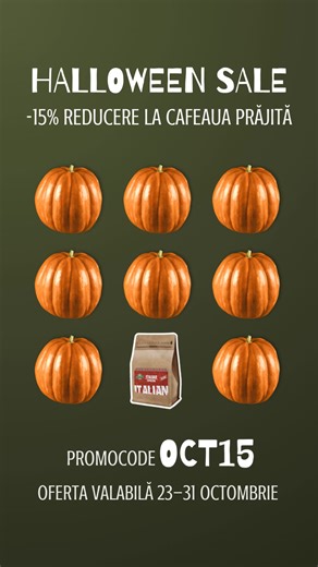 Bucură-te de un Halloween cu adevărat delicios! 🎃 ☕ Ai -15% reducere la toată cafeaua prăjită – doar între 23 și 31 octombrie! Folosește codul promoțional 👉 OCT15 👈 și savurează arome care te cuceresc. 🏃‍♂️ Grăbește-te, oferta dispare la miezul nopții pe 31 octombrie! ❗ Promo-codul se aplică la comenzi de minimum 200 lei. ‼️ Nu se aplică la cafeaua verde sau la cea deja redusă. | Hotspot Coffee