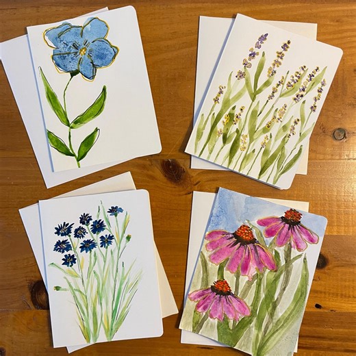 Hand-Painted (set of 4) Botanical Watercolor Note Cards - Original Floral Stationery with Envelopes