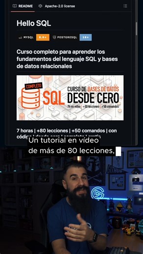 Si quieres aprender Bases de Datos y SQL, este es mi curso Gratis: ⇨ 7 horas en vídeo ⇨ 80 lecciones ⇨ 50 comandos ⇨ Todo el código disponible en GitHub Aprender a trabajar con bases de datos y el lenguaje SQL es una habilidad esencial como programadores. Nos centraremos en el motor de bases de datos MySQL, ya que es el más utilizado para aprendizaje. Pero lo importante son los fundamentos. Recuerda: SQL es un estándar. Déjame el icono 💾 si este recurso te resulta útil. ⭐ Si quieres apoyar el p