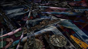 Rotating dollar and euro banknotes of various denominations close-up with a creative negative effect. 4k macro loop video.