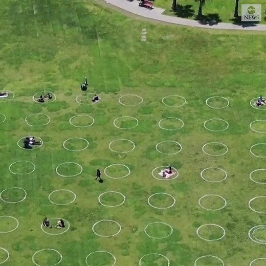 Drone footage shows new social distancing circles at Dolores Park in San Francisco. The move follows similar efforts by other parks in cities around the world. https://abcn.ws/2Tthpnm | ABC News