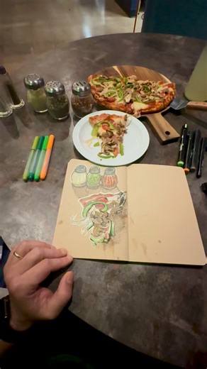 A slice of the hand-tossed Maxxxed Out 12-inch pizza, with pinch sausage instead of ground sausage, at Benelli’s Pizzeria. /// Sharpie Creative markers, MALA markers, Posca paint pens, and Staedtler pigment liner in Stillman & Birn toned-paper sketchbook. ///// #pizza #toeatanddrawinnorthwestindiana #pizzaslice #drawingpizza #benellispizza | Ted Pigott Art