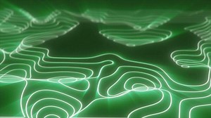 Abstract green looped futuristic hi-tech landscape with mountains and canyons from glowing energy circles and magic lines background