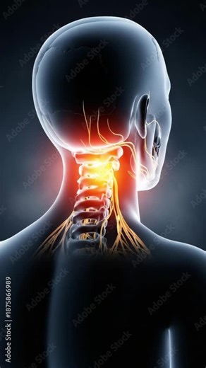 Human neck anatomy illustration showing detailed cervical spine and nerve structure with highlighted pain areas