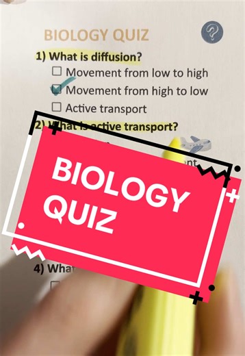 Biology Quiz - Can you get 7/7? #biology #biologyquiz #biologytest Answers Below What is diffusion? Movement from high to low What is active transport?\tMovement against gradient Which process needs energy?\tActive transport What is a pathogen? Disease-causing microorganism Which type of pathogen is a virus? Non-living Which pathogen causes measles? Virus Which disease is bacterial?\tTuberculosis Follow for more daily quizzes