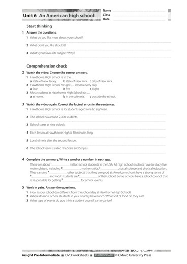 Insight Pre Intermediate Unit 6 Video American school online exercise for