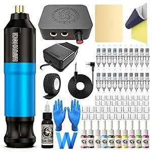 Tattoo Kit Wormhole Tattoo Gun Kit Tattoo Pen Kit Rotary Tattoo Machine Kit with Tattoo Power Supply and Tattoo Cartridge Needles Complete Tattoo Kit for Beginners (WTK093) Blue