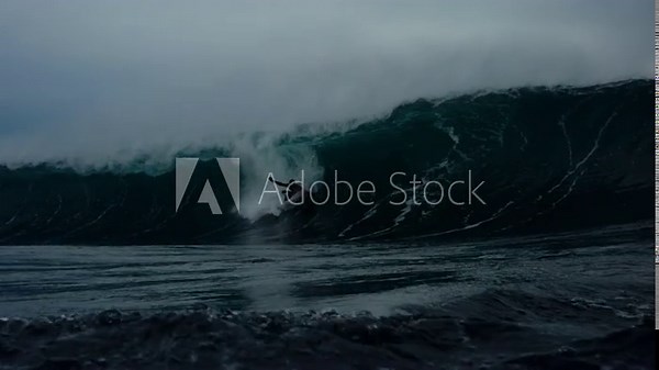 Low angle in water POV of surfer dropping in on steep winter wave leaning back to pull into barrel