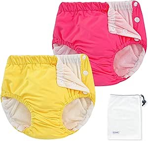 EZ Moms 2 Packs Reusable Swim Diapers Toddler Baby Swim Diaper Size 3 Washable Snap Pool Swimming Diaper 3T Soft and Silky Waterproof Diapers for Swimming Lessons Boys and Girls with a Laundry Bag