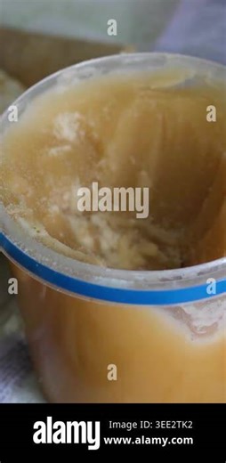 In a simple rural wooden house interior, a plastic bucket of honey stands near flatbread on a table. Small insects are visible around the sweet food, creating a natural but unclean food storage Stock Video Footage - Alamy