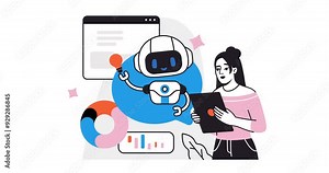 Artificial intelligence. Moving banner with woman using virtual robot assistant to solve business tasks. AI technologies and neural networks. Character uses smart bot. Animated graphics in line style