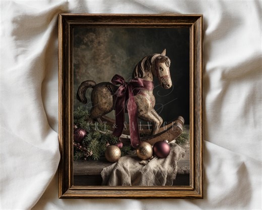Vintage Antique Rocking Horse Wall Art | Old World Christmas Still Life | Rustic Holiday Decor - Etsy