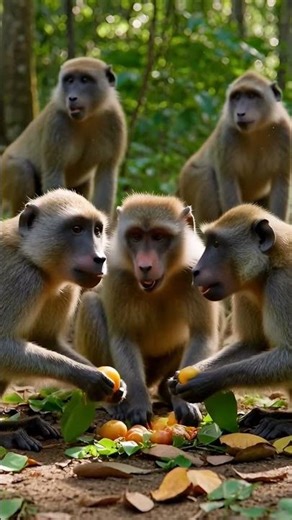 It's so beautiful to see a group of baboons playing and eating in a beautiful forest.