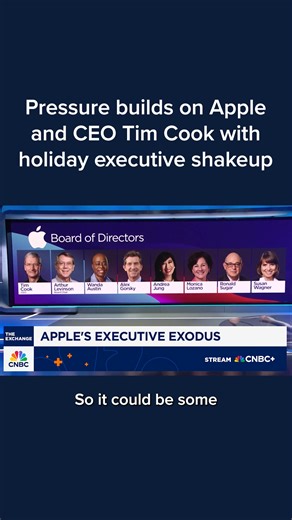 In the last seven days, there has been extraordinary turnover among Apple’s top ranks, from its head of artificial intelligence to its top lawyer. CEO Tim Cook now has two fewer direct reports than he did before Thanksgiving. CNBC's Steve Kovach has the latest. Read more: cnb.cx/48AC2oN | CNBC
