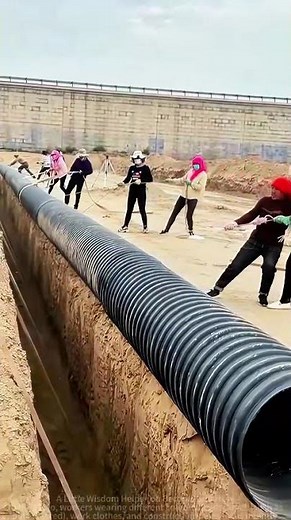The Power of Unity: Multiple People Collaborate to Pull a Giant Drainage Pipe