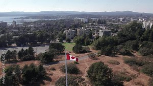 Downtown Victoria, BC, Canada, aerial drone footage, Beacon Hill Park, cityscape, city park, Victoria harbour. 4K 24FPS
