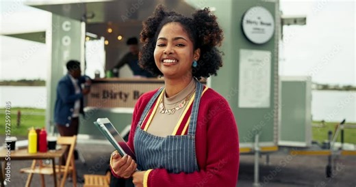 Outdoor, face and cafe with woman and tablet for small business, vendor license and menu planning. Food truck permit, entrepreneur and barista checklist with employee for coffee shop and inventory Stock Video