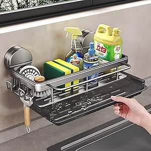 Sponge Holder for Kitchen Sink, Suction Cup Sink Caddy Organizer with Drain Tray, Wall Mount Sponge Holder,Apartmen RV Sponge Caddy Essentials Clean Tools for Sponge Dish Cloth Brush Scrubber Gray