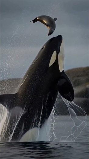 An orca throws a seal metres into the air with one strike of its tail