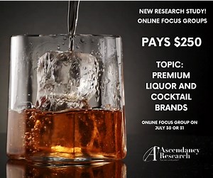 2.8K views · 15 reactions | NYC, LOS ANGELES, CHICAGO RESIDENTS - ONLINE FOCUS GROUPS ON 7/30 OR 7/31 Earn $250! Topic: 25-44 YEAR OLDS WHO ENJOY PREMIUM LIQUOR. Participate in a paid research study about your favorite cocktails you enjoy! Which do you use (vodka, gin, whiskey, etc.), what are your favorite brands, and what is you favorite drink combination? Attempt to qualify here: https://www.research.net/r/PremiumSpiritsAR | Ascendancy Research Focus Groups | Facebook