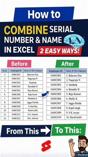 How to Combine Serial Number & Name in Excel (2 Easy Ways!) #OfficeANcode