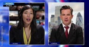 Female presenter interview guest live on news channel