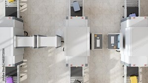 High Angle View Of Airport Security Checkpoint With X-Ray Scanners Scanning Luggages