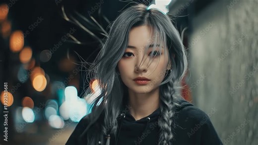Asian vlogger influencer showcases urban style in nighttime city backdrop while engaging with followers through authentic content