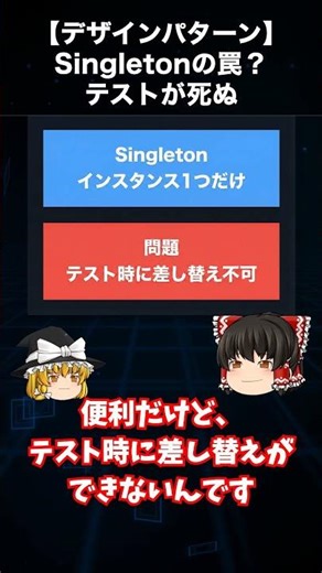 【デザインパターン】Singletonの罠？テストが死ぬ #ゆっくり解説