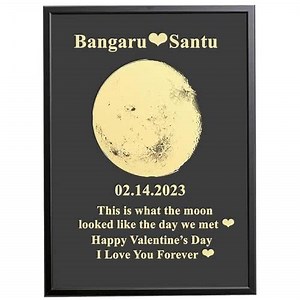 Valentine Moon Phase Gifts Custom Moon Phase Canvas Frame Wood Lunar Print Art Frame Personalized Birthday Moon Phases Photo Frame Night We Met Anniversary Couple Gift (A4, Black Frame)