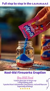 Kool-Aid Fireworks Eruption The kind of colorful fun that lights up even the cloudiest days! Ingredients: - 1 clear glass jar or large cup - 2 tbsp baking soda - 1 packet Kool-Aid powder (any flavor; red and blue are especially striking) Directions: 1. Begin by placing your clear glass jar or large cup on a stable surface, where little hands can gather around safely. 2. Add the 2 tablespoons of baking soda into the jar, watching it pile up like a little snowy mound. 3. Next, open the Kool-Aid pa