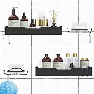 Shower Caddy，Shower Organizer (4-Pack)，Adhesive Shower Shelves，No Drilling, Large Capacity，Shower Shelf for Inside Shower&Kitchen，Rustproof Bathroom Organizer with 4 Movable Hooks