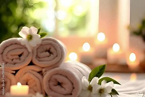 Calm spa setting featuring neatly rolled towels, flowers, candlelight for ultimate relaxation