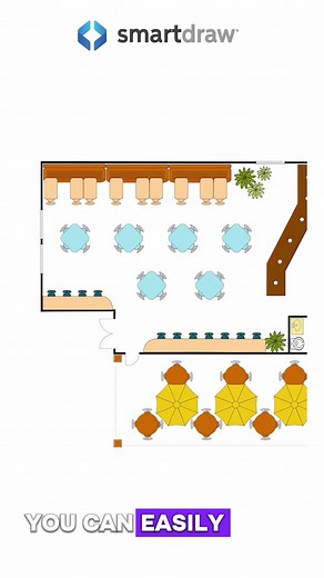 This restaurant floor plan features a mix of seating options, including indoor tables, a long bar with stools, and an outdoor patio with umbrella-covered tables. The interior layout includes a dedicated service counter area, two restrooms, and clearly defined traffic flow for guests and staff. Create restaurant floor plans like this with SmartDraw. #restaurantdesign #interiordesign #architecturedesign #restaurantindustry #architecture