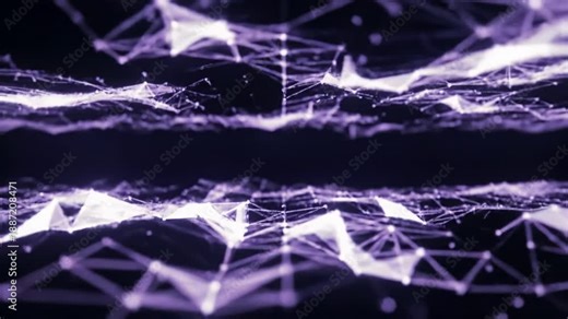 Luminous white and purple interconnected particles and lines fluidly traverse a deep, dark, minimalist black void background in a wide tracking video with gentle dolly zoom and crisp shallow focus.