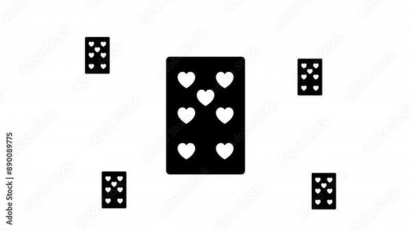 Zoom in and out animation the seven of hearts playing symbol. Large black symbol in the center and four small symbols around. Seamless looped 4k animation on white background