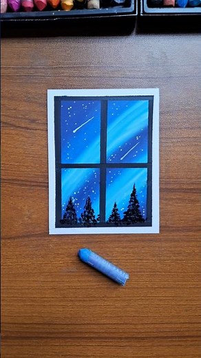 Beautiful Night Sky Drawing with Oil Pastels | Easy Window Scenery Tutorial